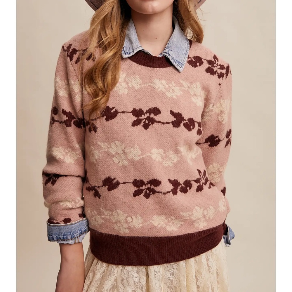 Floral Jacquard Knit Pullover Sweater | Muted Rose